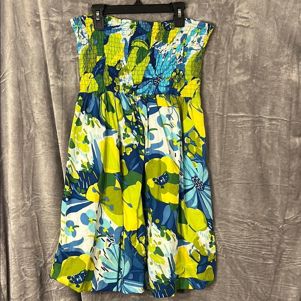 Speed Control Strapless Tube Top Dress in Blue and Green Floral